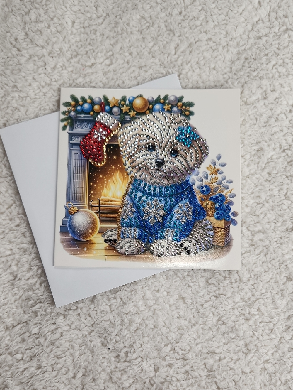 Puppy Dog Diamond Painting Art Holiday Card Blue Silver